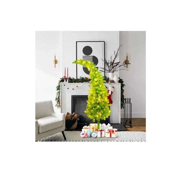 5FT Hinged Fir Artificial Bent Top Christmas Tree Santa Hat Style Holiday Decor - Picture 3 of 7